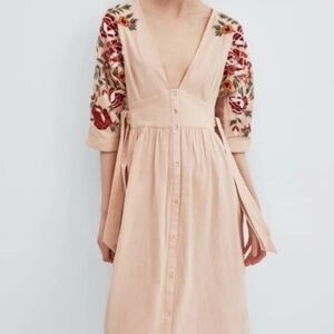 Zara TRF Linen Blend Floral Embroidered Midi Dress Medium